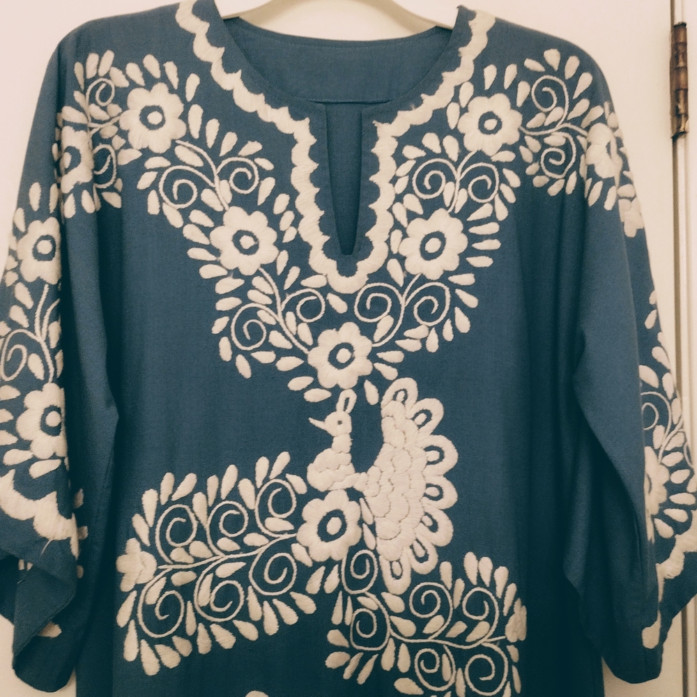 Vintage Peacock Blue and White Women's Caftan / Kaftan